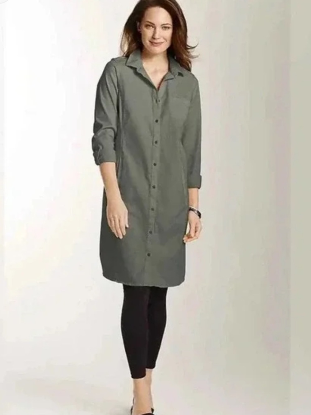 J.Jill Wearever Button Front Shirt Dress Sz  Medium Dark Sage Olive Green